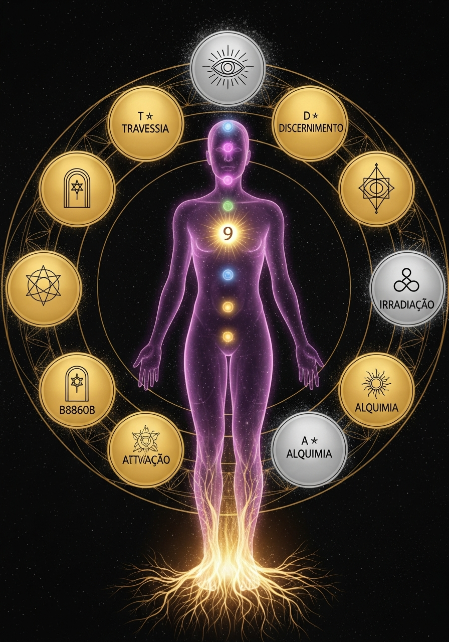 Corpo Radiante de Izabel Nanci Bordotti — silhueta feminina com 8 glifos do sistema R.A.D.I.A.N.T.E.® ao redor